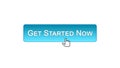 Get started now web interface button clicked with mouse cursor, blue color Royalty Free Stock Photo