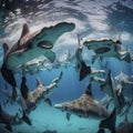 Hammerhead Sharks Swimming in a Large School in the Ocean