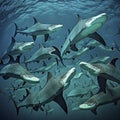 Hammerhead Sharks Swimming in a Large School in the Ocean