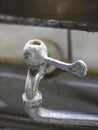 Vertical close up of the old rusty faucet on the kitchen counter. Royalty Free Stock Photo