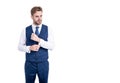 Get an update. Handsome man wear vest with pants. Fashion look of white collar. Formal fashion style Royalty Free Stock Photo