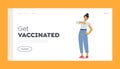 Get Vaccinated Landing Page Template. Young Positive Lady with Patch on Shoulder, Character Immunization, Vaccination Royalty Free Stock Photo