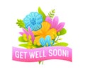 Get Well Soon Banner with Doodle Flowers, Pink Ribbon and Typography. Wish Health to Friend Concept Isolated