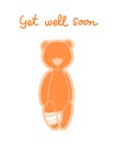 Get well soon card. Teddy bear with bandaged arm