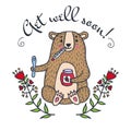 Get well soon card with teddy bear and jam Royalty Free Stock Photo