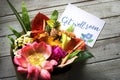 Get well soon message with bouquet Royalty Free Stock Photo