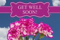 Get Well Soon message with a pink and white peony bouquet Royalty Free Stock Photo