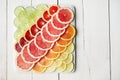 Get your colourful boost of vitamin C. a variety of citrus fruits cut into slices on a plate. Royalty Free Stock Photo