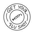 Get your Flu shot outlined black stamp on white, vector illustration with line syringe injection icon. Royalty Free Stock Photo
