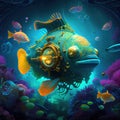 Retro futuristic steampunk fish. AI art generated