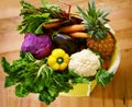 Get your greens. Shot of an assortment of fruit and vegetables in a shopping bag.