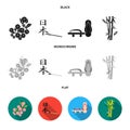 Geta, sakura flowers, bamboo, hieroglyph.Japan set collection icons in black, flat, monochrome style vector symbol stock Royalty Free Stock Photo