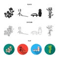 Geta, sakura flowers, bamboo, hieroglyph.Japan set collection icons in black,flat,outline style vector symbol stock Royalty Free Stock Photo