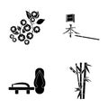 Geta, sakura flowers, bamboo, hieroglyph.Japan set collection icons in black style vector symbol stock illustration web.