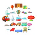 Getting around the world icons set, cartoon style