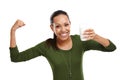 Getting a calcium boost. Portrait of an attractive young woman excited about the benefits of drinking milk isolated on