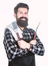 Getting a complete grilling experience. Bearded man holding barbecue grilling tools. Happy hipster using metal grilling Royalty Free Stock Photo