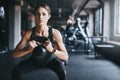 Getting fit one lift at a time. an attractive young woman working out with a kettle bell in the gym. Royalty Free Stock Photo