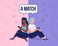 Getting perfect match on dating app flat color vector illustration Royalty Free Stock Photo