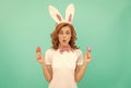 Getting ready for Easter. ready for party. cheerful bunny lady with painted eggs. egg hunt. Royalty Free Stock Photo