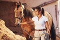Getting ready for the ride. Horsewoman in white uniform with her horse at farm. Ready for the ride Royalty Free Stock Photo