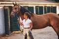 Getting ready for the ride. Horsewoman in white uniform with her horse at farm. Ready for the ride Royalty Free Stock Photo