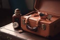 Leather suitcase with travel accessories Royalty Free Stock Photo