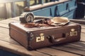 Leather suitcase with travel accessories Royalty Free Stock Photo