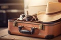 Leather suitcase with travel accessories Royalty Free Stock Photo