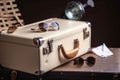 Leather suitcase with travel accessories Royalty Free Stock Photo