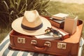 Leather suitcase with travel accessories Royalty Free Stock Photo