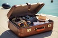 Leather suitcase with travel accessories Royalty Free Stock Photo