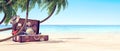 Getting ready for summer holidays - Leather suitcase under a palm tree Royalty Free Stock Photo