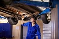 Getting some extra light. A young male mechanic using a light to look underneath a car.