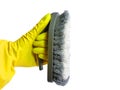 Getting started cleaning. Yellow rubber gloves for cleaning on white background .General or regular cleanup. Royalty Free Stock Photo