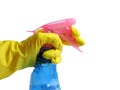 Getting started cleaning. Yellow rubber gloves for cleaning on white background .General or regular cleanup. Royalty Free Stock Photo