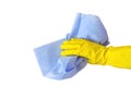 Getting started cleaning. Yellow rubber gloves for cleaning on white background .General or regular cleanup. Royalty Free Stock Photo