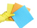 Getting started cleaning. Yellow rubber gloves for cleaning on white background .General or regular cleanup. Royalty Free Stock Photo