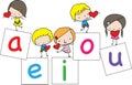 Vector cartoon education kids book cover learn phonics a e i o u design