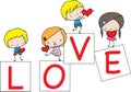 Vector cartoon kids hold heart shape love card icon sign background