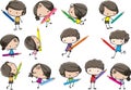 Vector cartoon boys and girls hold colour pencil set border frame background