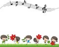 Vector cartoon children hold leaf and flowers music rainbow background border frame card Royalty Free Stock Photo