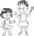 Vector cartoon boy and girl cooking Chef baker