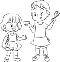 Vector cartoon boy and girl cooking Chef baker