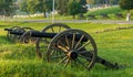 Gettysburg, Pennsylvania, USA August 27, 2021 Cannons on the battlefield along Baltimore Pike with the Evergreen Cemetery in the b