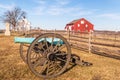 Gettysburg, Pennsylvania, USA March 13, 2021 The barn at the Klingel House with a wooden fence and a civil war cannon on the Getty Royalty Free Stock Photo