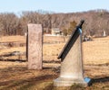 Gettysburg, Pennsylvania, USA March 13, 2021 A house seen between two monuments on the battlefield at Gettysburg National Military