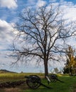 Gettysburg, Pennsylvania, USA November 4, 2021 Confederate civil war cannons on West Confederate Avenue with the Snyder Farm at th Royalty Free Stock Photo