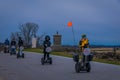 GETTYSBURG, USA - APRIL, 18, 2018: Outdoor view of line of tourists on Segways Seg Tours in Gettysburg National Military