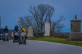 GETTYSBURG, USA - APRIL, 18, 2018: Outdoor view of line of tourists on Segways Seg Tours in Gettysburg National Military